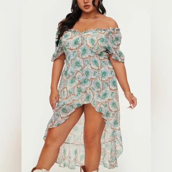 CM NWT Cider Plus 3X Boho Paisley High Low V-Neck Short Sleeve Green Pink Dress - Picture 2 of 7